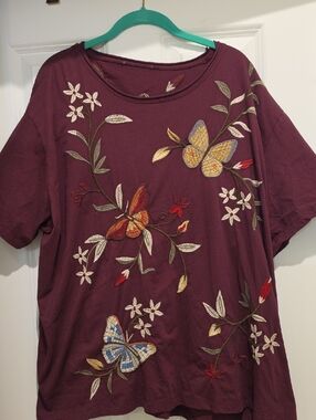 Johnny Was Embroidered Butterfly Floral Short-Sleeve Top - Plum